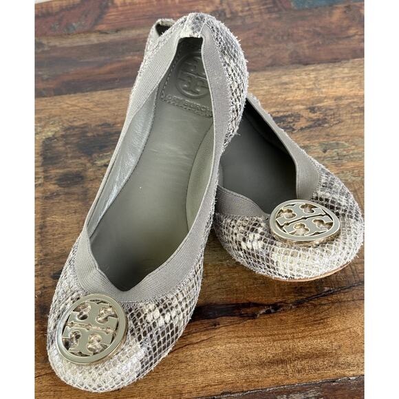 Tory Burch Shoes - Tory Burch Reva Ballet Flats Haircalf Snakeskin Print Leather Shoes 7.5M Gold